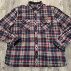 Simply Southern Fleece Shirt Mens Large Blue Gray Plaid Snap Front Pockets SOFT